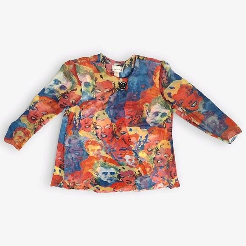 Jordan Michaels Sheer Marilyn Monroe/James Dean Print Blouse, Size 14, VTG , 80s - Picture 2 of 5